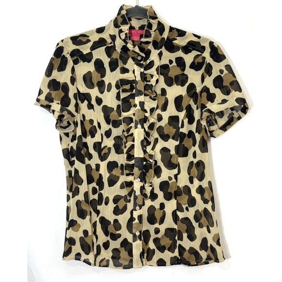 Sunny Leigh Tops - Sunny Leigh Leopard Print Sheer Ruffle Neck Top Blouse Womens Size L